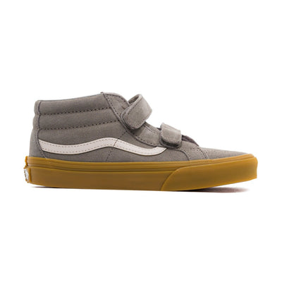 grey vans kids velcro sk8-mid with white strip and gum osols