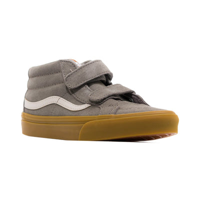 grey vans kids velcro sk8-mid with white strip and gum soles