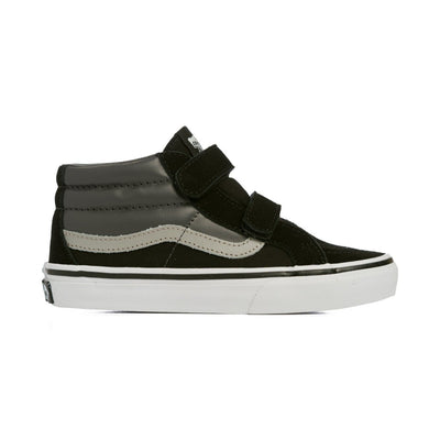 black and grey vans kids sk8-mid with velcro straps, grey sidestripe and white sole