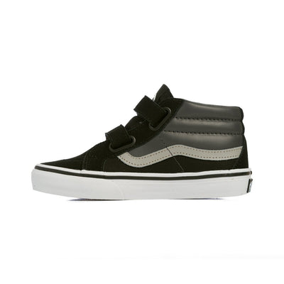 black and grey vans kids sk8-mid with velcro straps, grey sidestripe and white sole