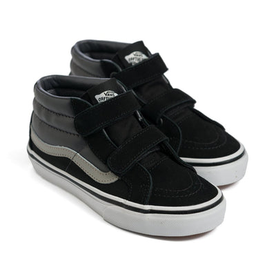 black and grey vans kids sk8-mid with velcro straps, grey sidestripe and white sole