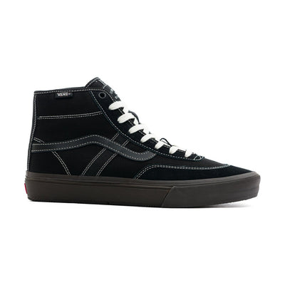 black vans crockett high top men's skate shoe with black stripe, white stitching and a gum sole