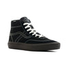 black vans crockett high top men's skate shoe with black stripe, white stitching and a gum sole