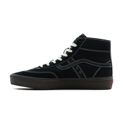 black vans crockett high top men's skate shoe with black stripe, white stitching and a gum sole