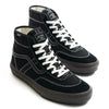 black vans crockett high top men's skate shoe with black stripe, white stitching and a gum sole