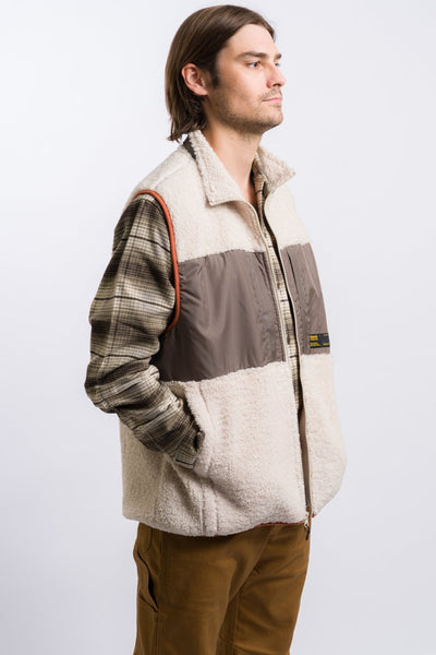 white and brown vans men's fleece zip-up vest with orange detail