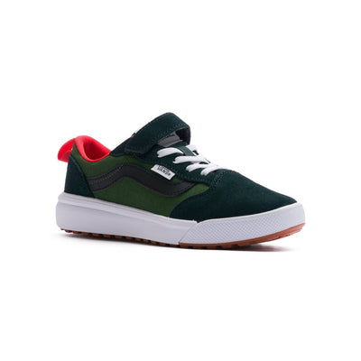 two tone green vans kids ultrarange 66 with red detail, velcro strap and white sole