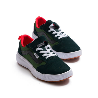 two tone green vans kids ultrarange 66 with red detail, velcro strap and white sole