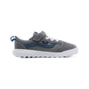 grey kids vans ultrarange velcro with blue/black checkerboard stripe and white sole