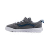 grey kids vans ultrarange velcro with blue/black checkerboard stripe and white sole