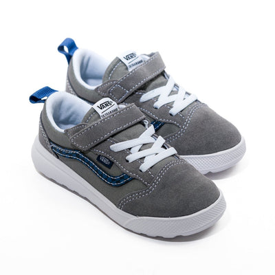 grey kids vans ultrarange velcro with blue/black checkerboard stripe and white sole