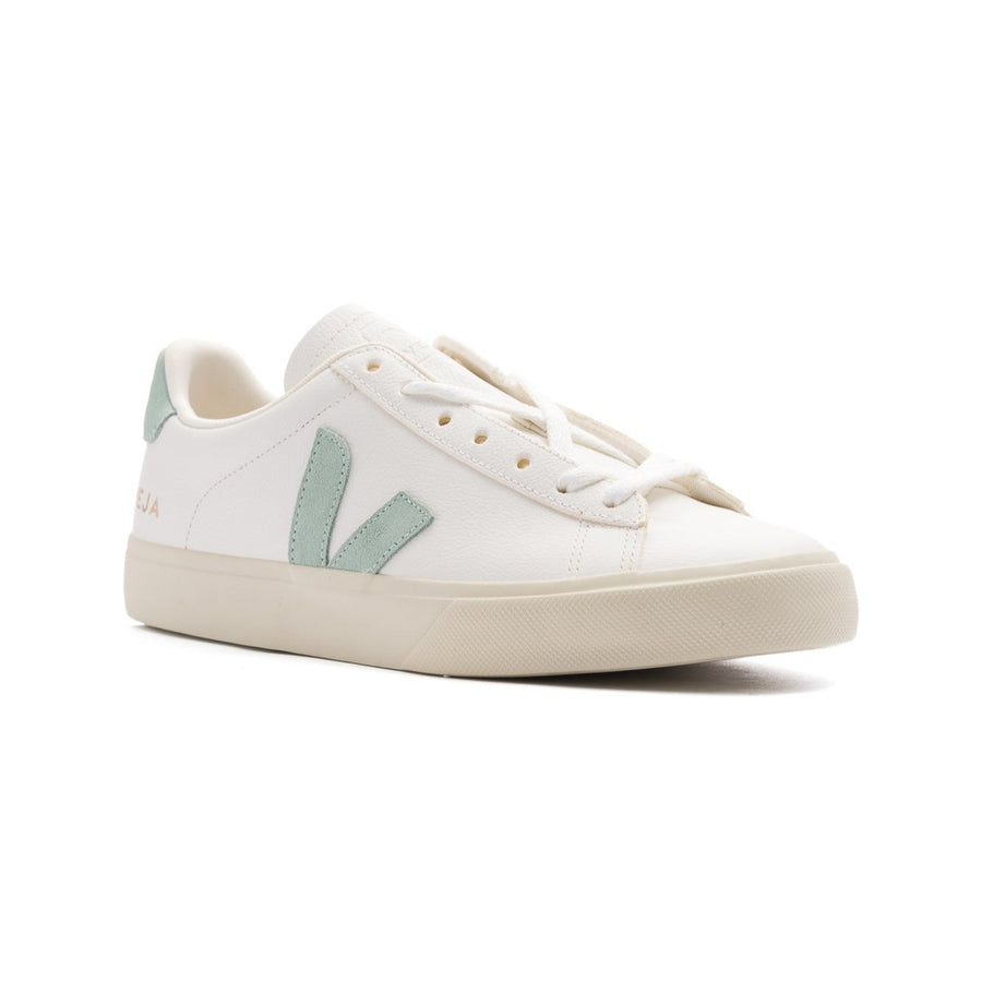 white leather veja women's campo with matcha green logo and off white sole