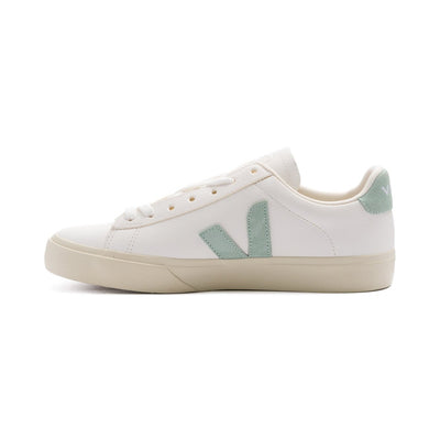 white leather veja women's campo with matcha green logo and off white sole