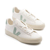 white leather veja women's campo with matcha green logo and off white sole