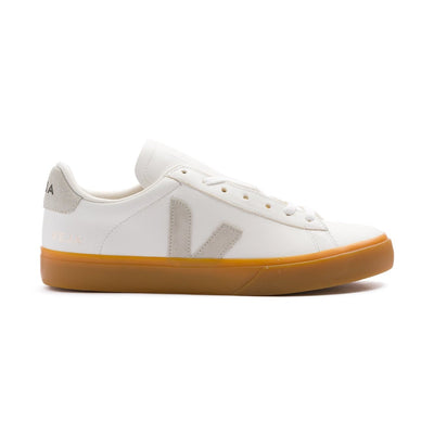 white leather veja men's campo sneaker with grey logo and gum sole