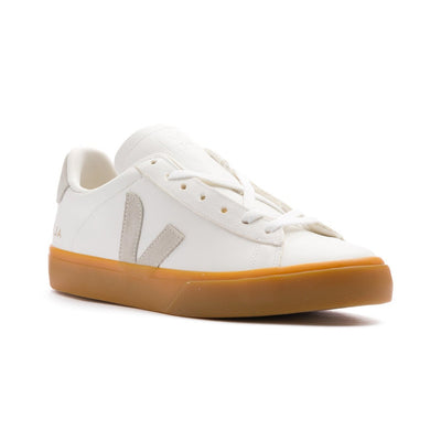 white leather veja men's campo sneaker with grey logo and gum sole