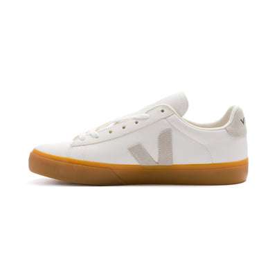 white leather veja men's campo sneaker with grey logo and gum sole