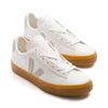 white leather veja men's campo sneaker with grey logo and gum sole