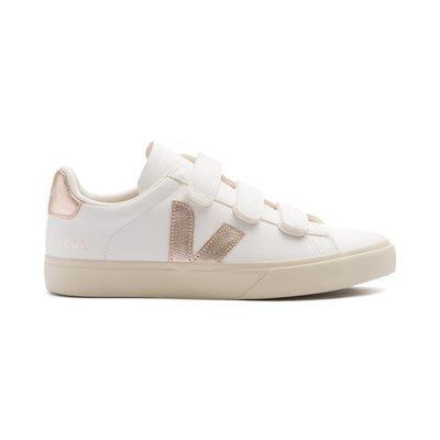 white leather veja recife with velcro straps, gold details and off white sole