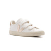 white leather veja recife with velcro straps, gold details and off white sole