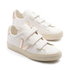 white leather veja recife with velcro straps, gold details and off white sole