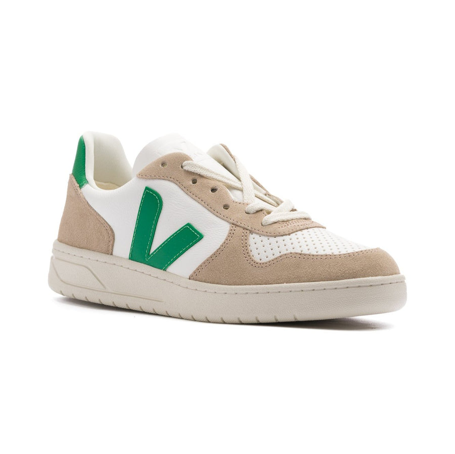 white, tan and green women's veja v-10 sneakers