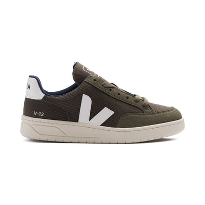 olive green veja men's b-12 mesh with white logo and off white sole