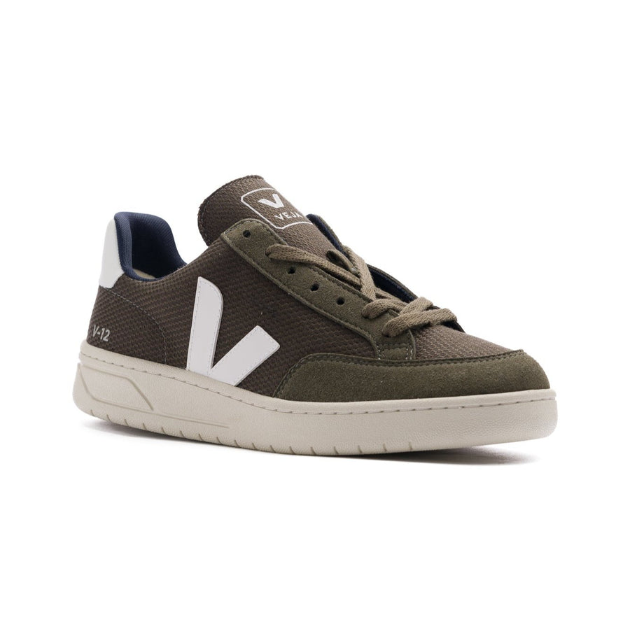 olive green veja men's b-12 mesh with white logo and off white sole