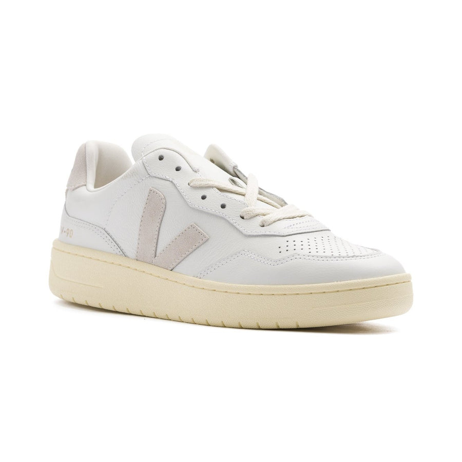 white leather Veja women's v-90 with off detail and sole