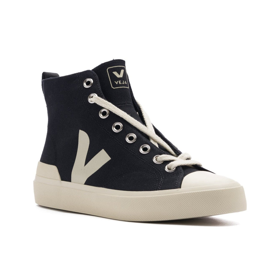 black high top veja women's sneaker with off white logo and sole