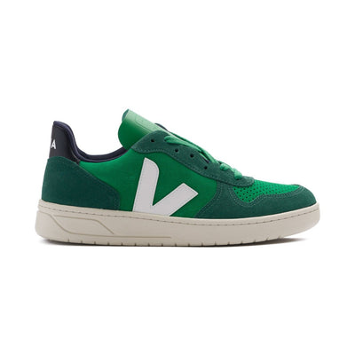 green veja women's v-10 sneakers with white logo and off white sole