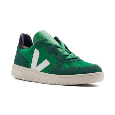 green veja women's v-10 sneakers with white logo and off white sole