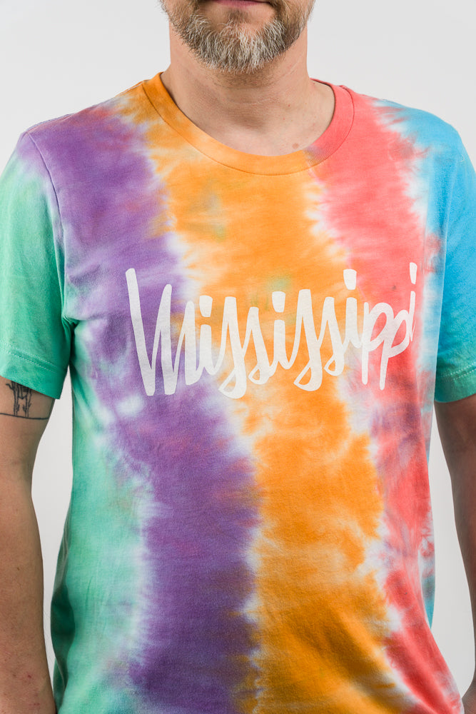 Hand Dyed tee shirt featuring the slogan mississippi Tie Dye Tee