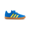 blue adidas kids vl court elastic lace with velcro strap, yellow stripes and a gum sole