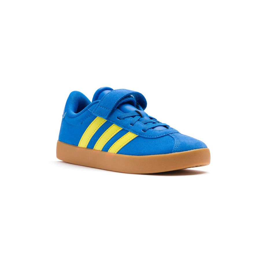 blue adidas kids vl court elastic lace with velcro strap, yellow stripes and a gum sole