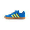 blue adidas kids vl court elastic lace with velcro strap, yellow stripes and a gum sole