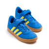 blue adidas kids vl court elastic lace with velcro strap, yellow stripes and a gum sole