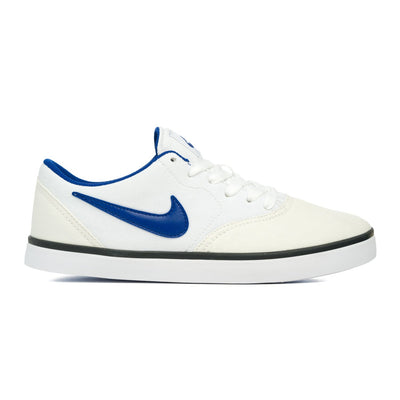 white nike sb kids check cnvs skate shoe with white sole and blue swoosh