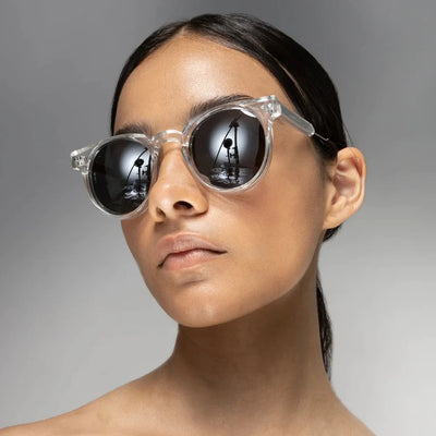 clear frame spitfire teddy boy sunglasses with silver mirror lenses