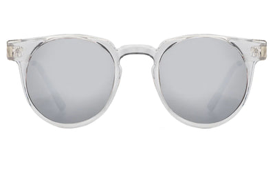 clear frame spitfire teddy boy sunglasses with silver mirror lenses