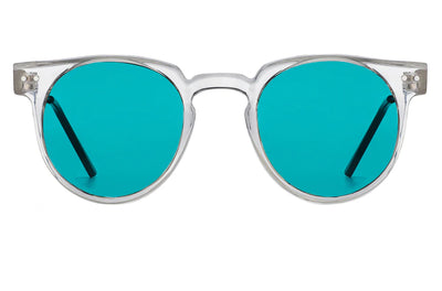 clear frame spitfire sunglasses with turquoise blue lenses