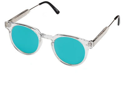 clear frame spitfire sunglasses with turquoise blue lenses