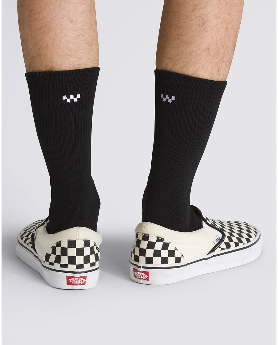 black vans men's skateboarding crew sock with white checkerboard detail on the back