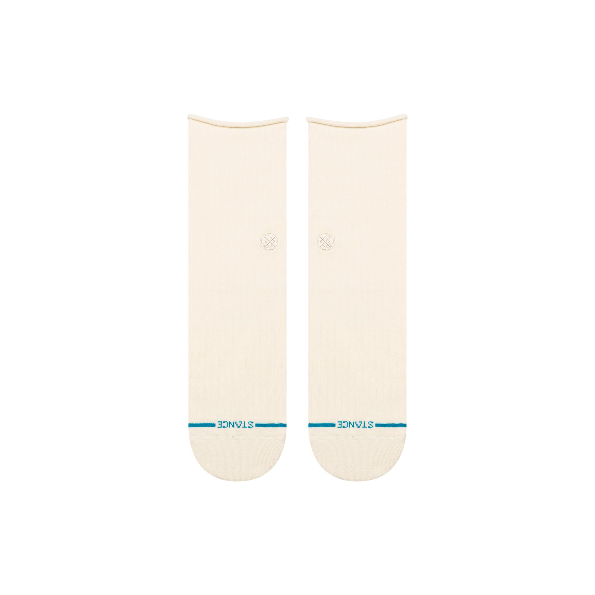 Pair of cream-colored Stance rolled cuff quarter socks with a small blue logo on a white background