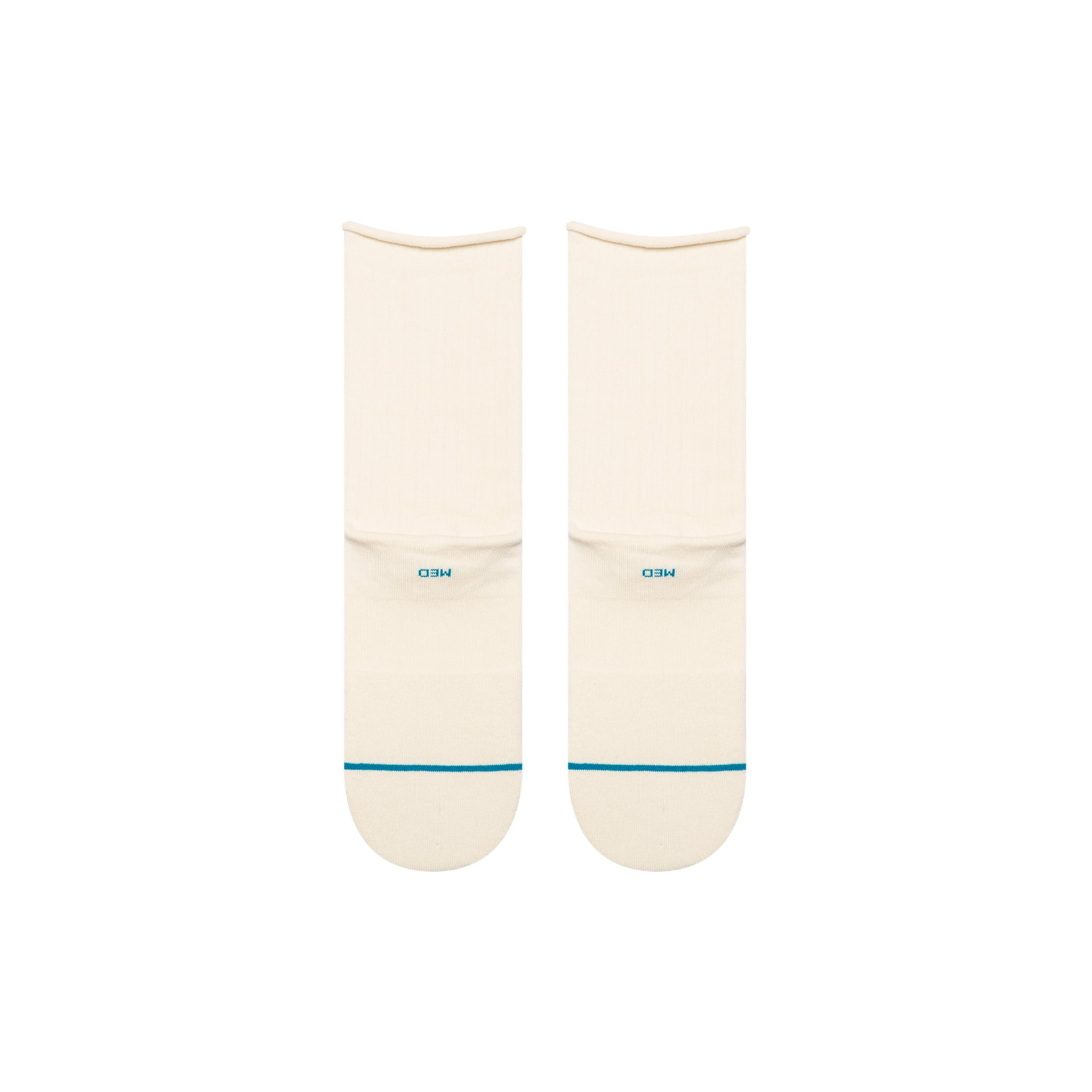 Pair of cream-colored Stance rolled cuff quarter socks with a small blue logo on a white background