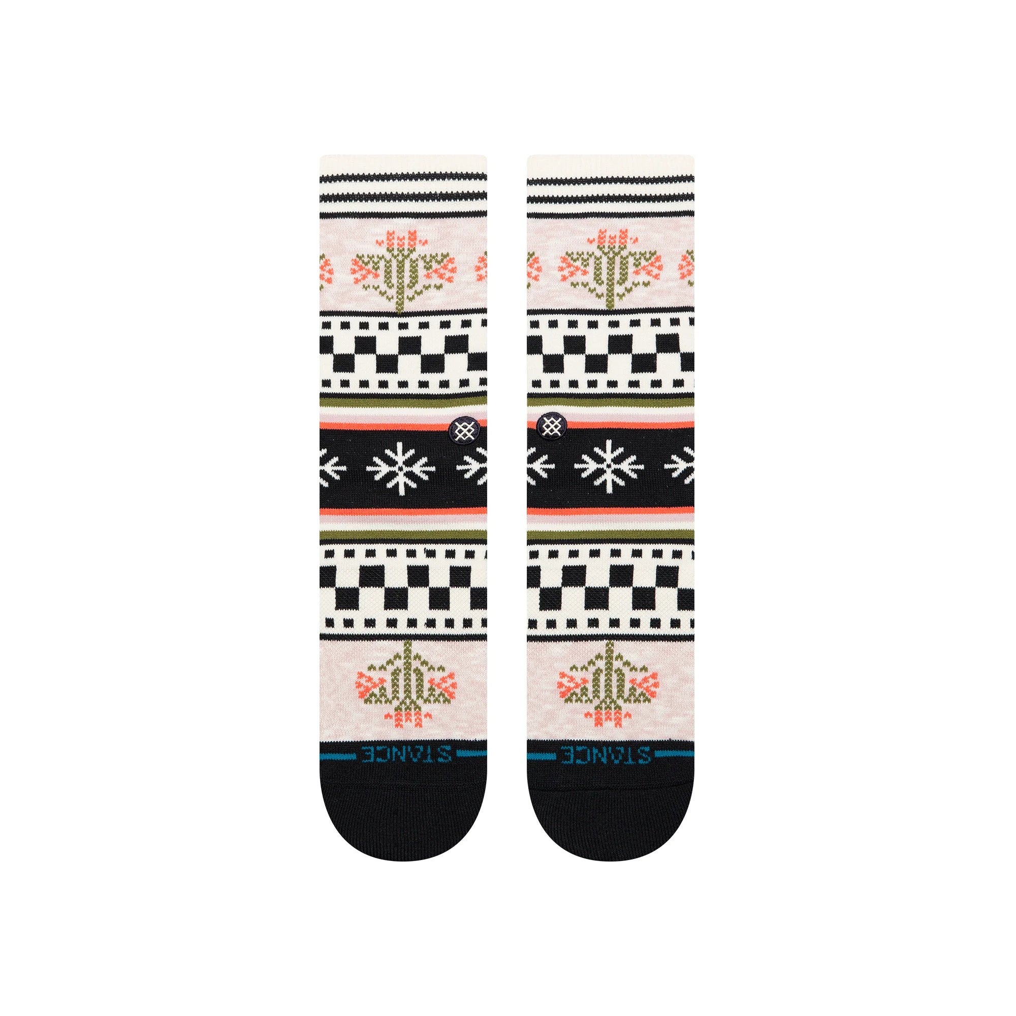 Pair of patterned stance women's crew socks with black, white, and multicolor design on a transparent background
