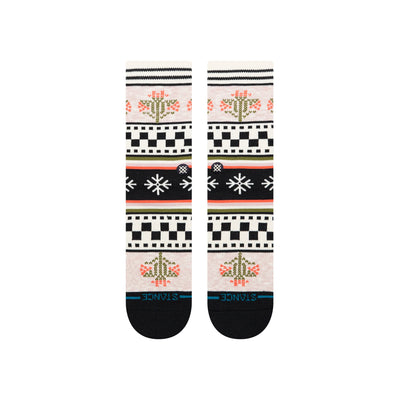 Pair of patterned stance women's crew socks with black, white, and multicolor design on a transparent background