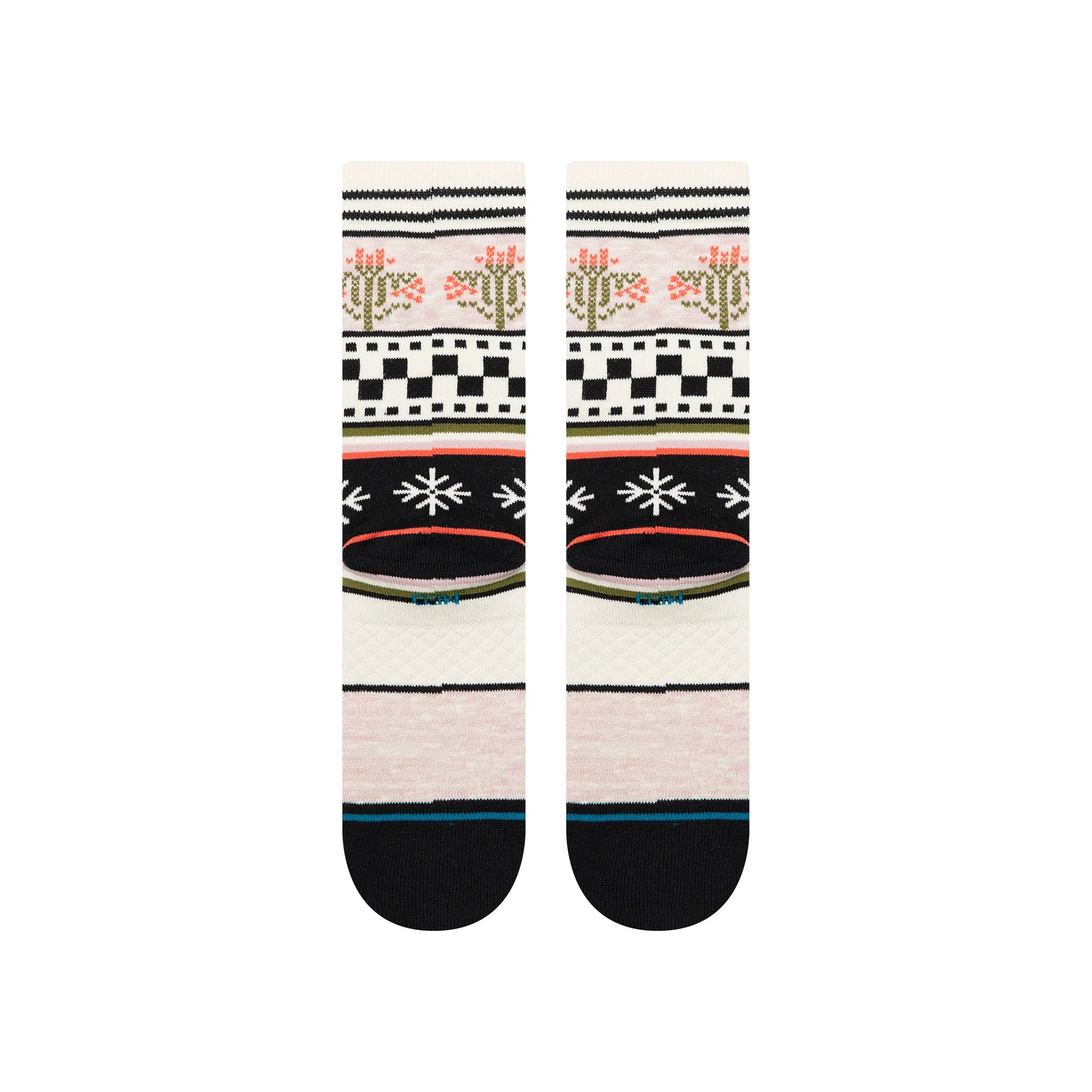 Pair of patterned stance women's crew socks with black, white, and multicolor design on a transparent background