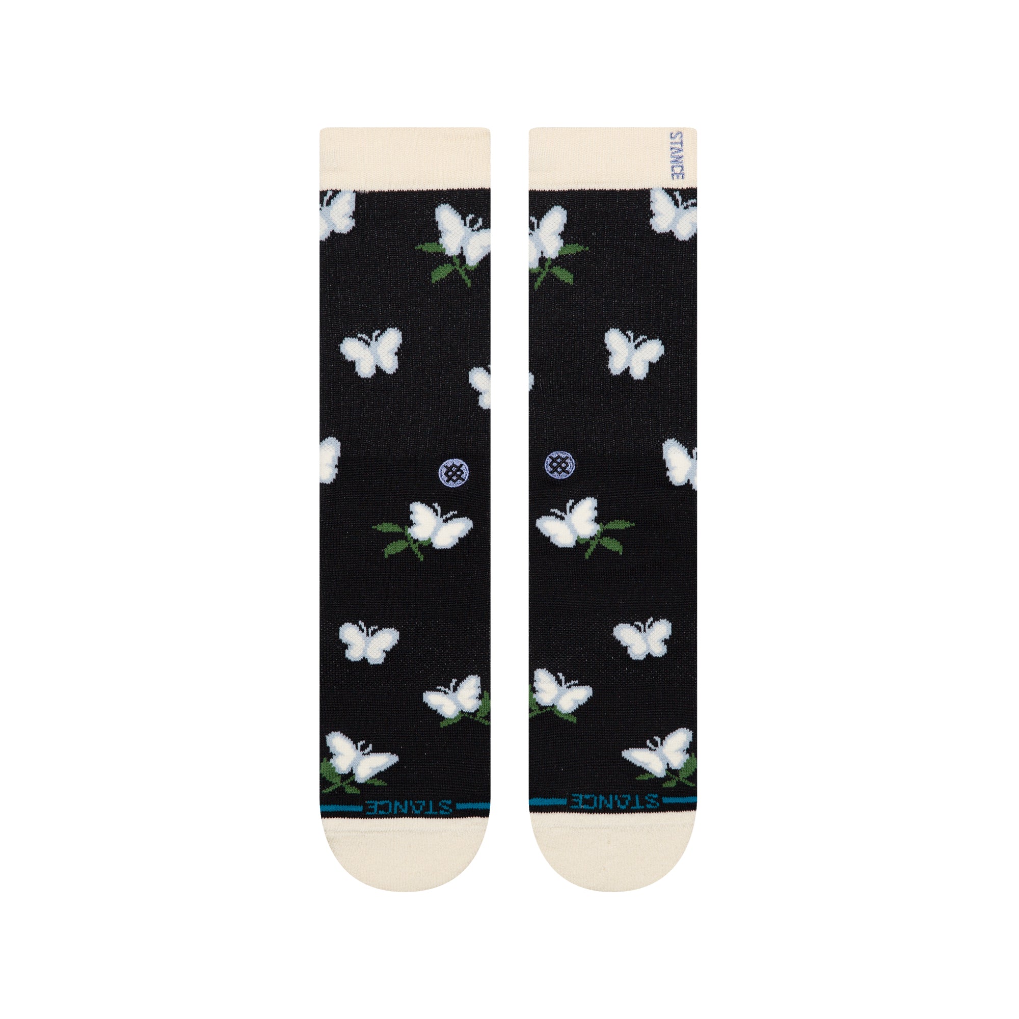 Black stance butterblend meadow socks with white butterfly patterns on a white background