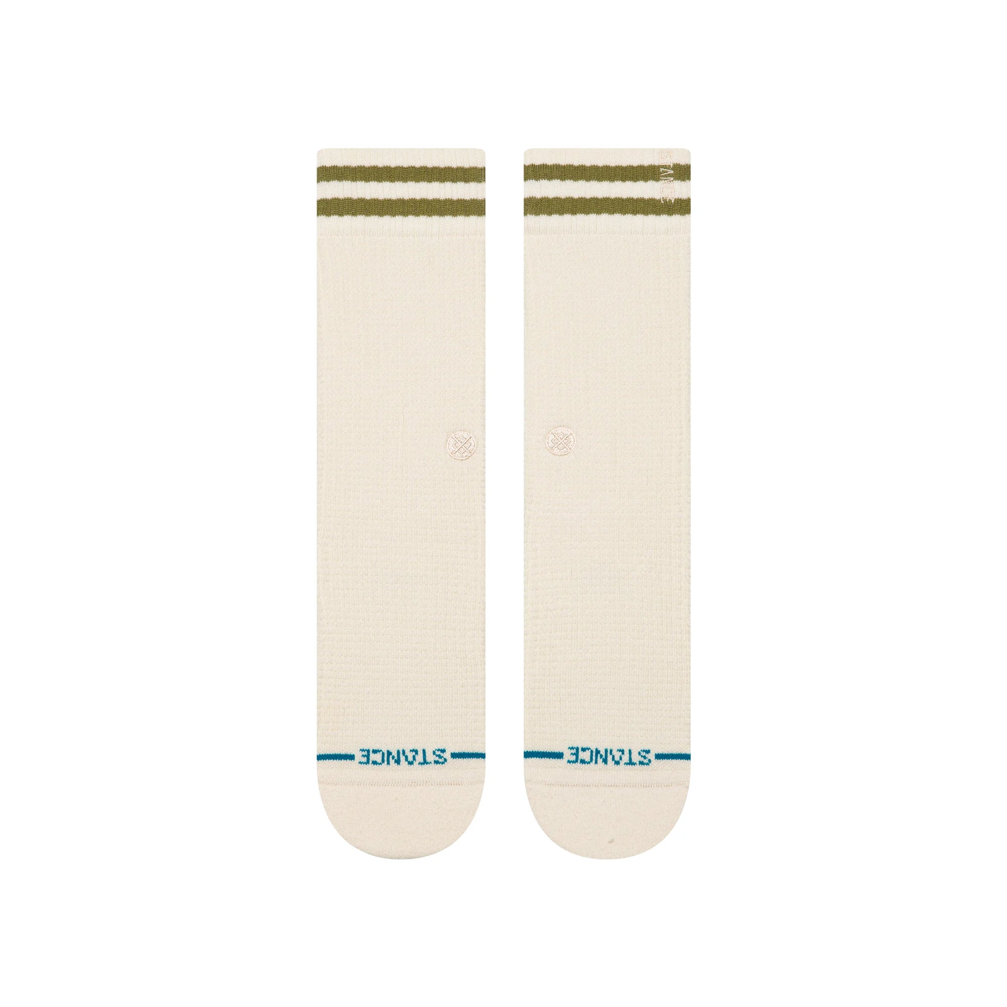 Pair of cream stance women's butterblend crew socks with green stripes on a white background